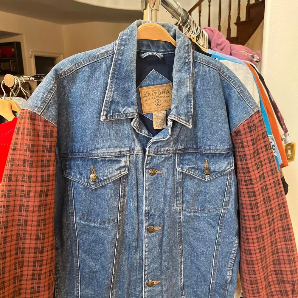 Vintage 90s Arizona Jean Co Jean Jacket Striped Sleeve Jacket! - Picture 3 of 5